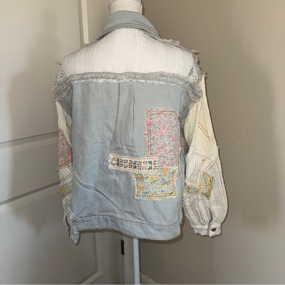 Patchwork Denim and Lace Jacket Distressed Boho Denim Shacket Mixed Floral Lace - Picture 9 of 17